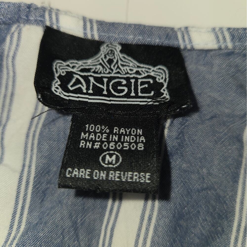 Angie Women Medium Top Blue Striped Surplice Ruffle Sleeve Boho Hippie Festival - Picture 2 of 12